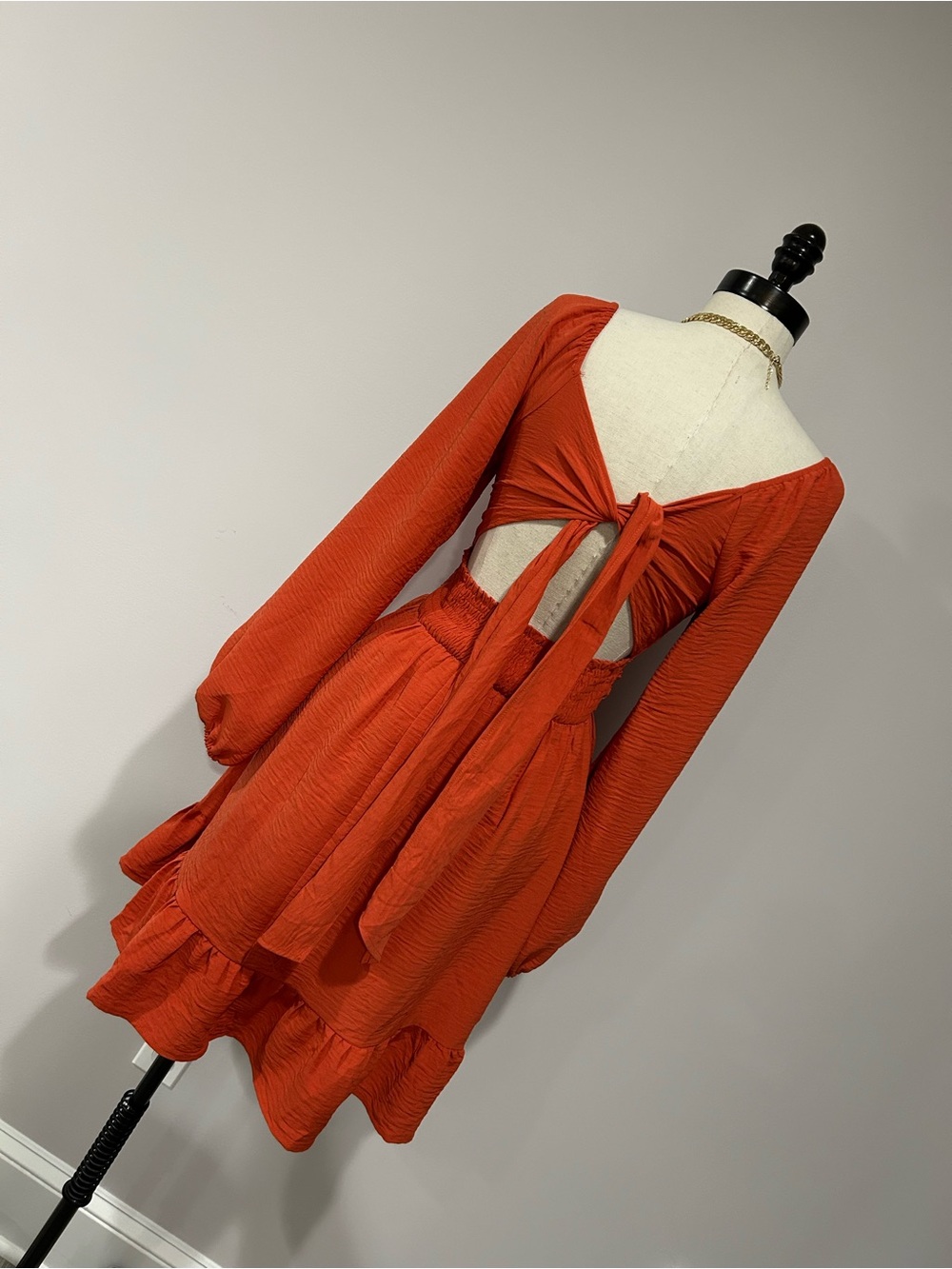 Square Neck Long Sleeve Ruffle Hem Dress in Vibrant Orange - Picture 3 of 8